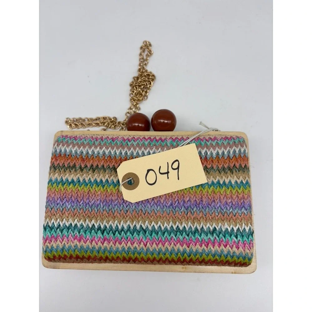 Bohemian Woven Chevron Clutch Multi-Color Wood Frame Ball Clasp Chic